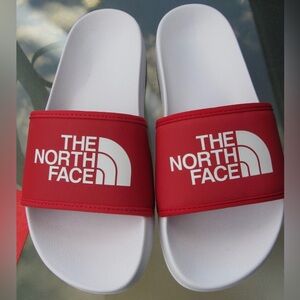 The North Face Red and White Logo Slide Sandals